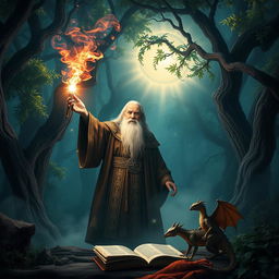 An epic scene featuring a powerful wizard casting a spell in a mystical forest