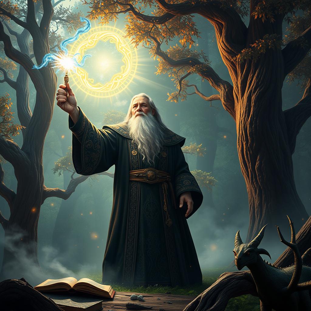 An epic scene featuring a powerful wizard casting a spell in a mystical forest