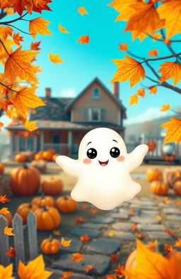 A whimsical representation of a cute little ghost floating in an American setting, surrounded by colorful autumn leaves