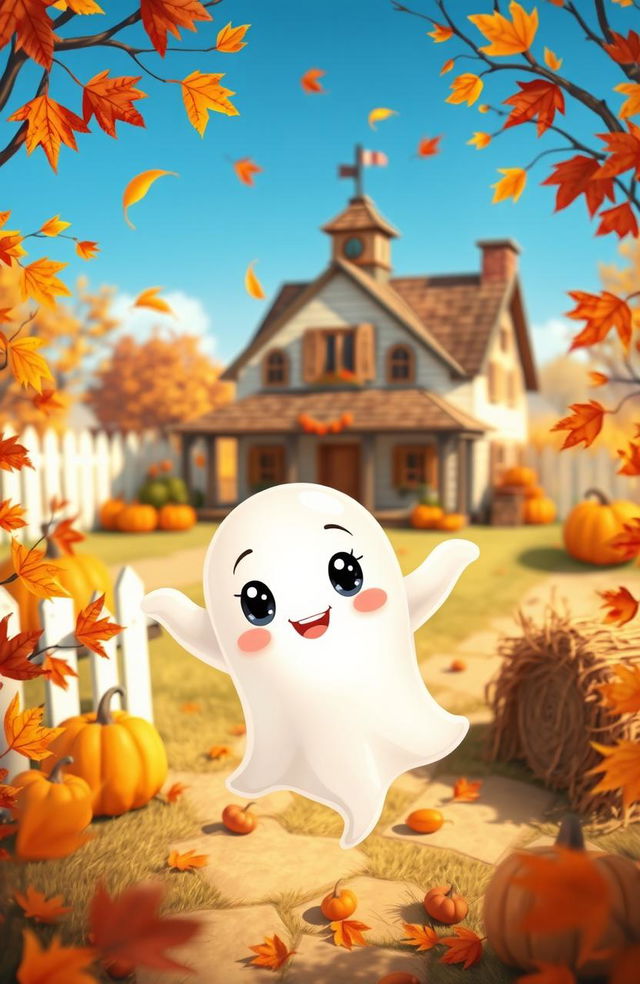 A whimsical representation of a cute little ghost floating in an American setting, surrounded by colorful autumn leaves