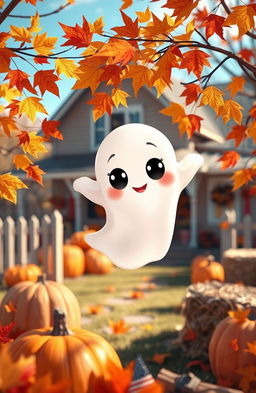 A whimsical representation of a cute little ghost floating in an American setting, surrounded by colorful autumn leaves