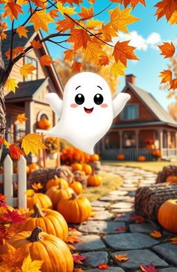 A whimsical representation of a cute little ghost floating in an American setting, surrounded by colorful autumn leaves