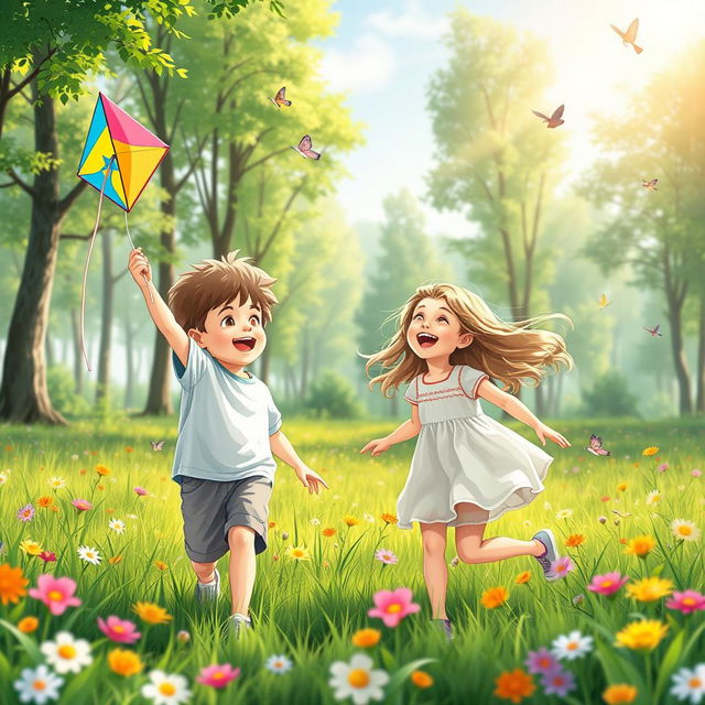 A serene and whimsical scene of a young boy and girl playing together in a lush green park, filled with vibrant flowers and tall trees