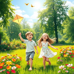 A serene and whimsical scene of a young boy and girl playing together in a lush green park, filled with vibrant flowers and tall trees