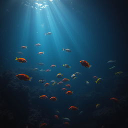 A serene underwater scene showcasing a vibrant array of fish swimming amidst a dark and mysterious ocean environment
