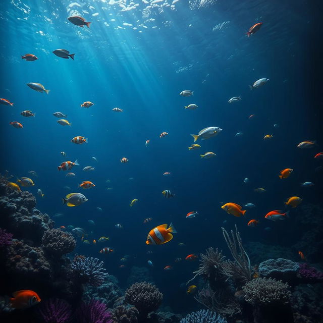 A serene underwater scene showcasing a vibrant array of fish swimming amidst a dark and mysterious ocean environment