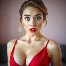 A stunningly attractive 25-year-old woman, facing the camera directly with a surprised expression