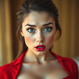 A stunningly attractive 25-year-old woman, facing the camera directly with a surprised expression