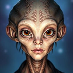 A highly detailed and lifelike portrait of a character inspired by sci-fi themes, featuring an alien with unique facial features