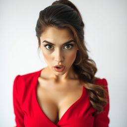 A stunningly attractive 25-year-old woman, facing the camera directly with a surprised expression