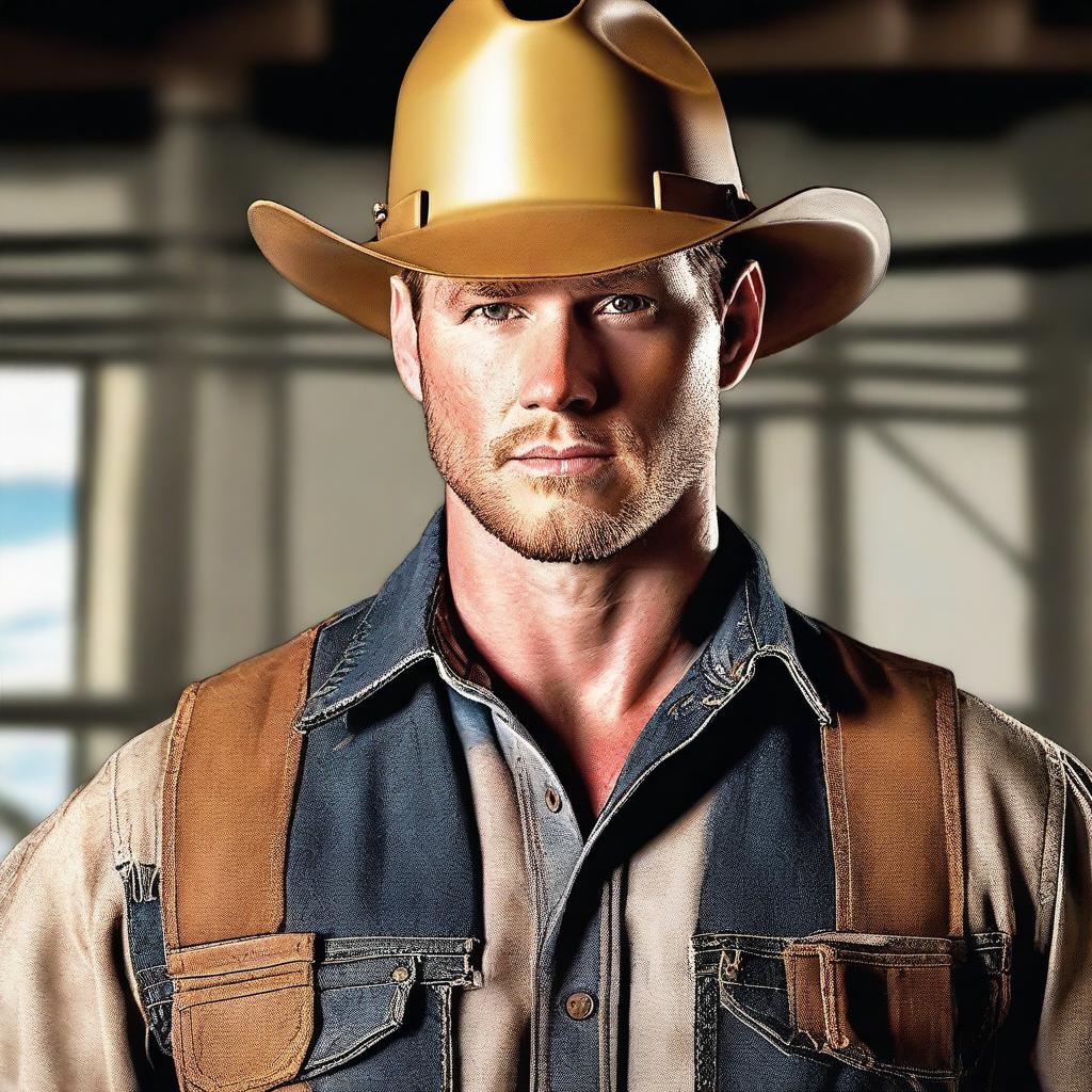 This high-quality digital art image features a man who bears a striking resemblance to actor Jensen Ackles, depicted as a Texas construction worker