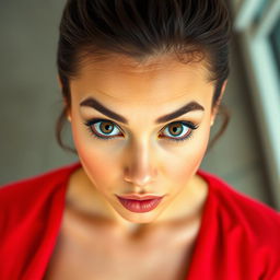 A stunningly attractive 25-year-old woman, facing the camera directly with a surprised expression