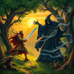 An epic scene from the Shahnameh depicting Rostam, the legendary Persian hero, in a dramatic battle against a powerful witch at the fourth Khan