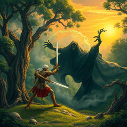An epic scene from the Shahnameh depicting Rostam, the legendary Persian hero, in a dramatic battle against a powerful witch at the fourth Khan