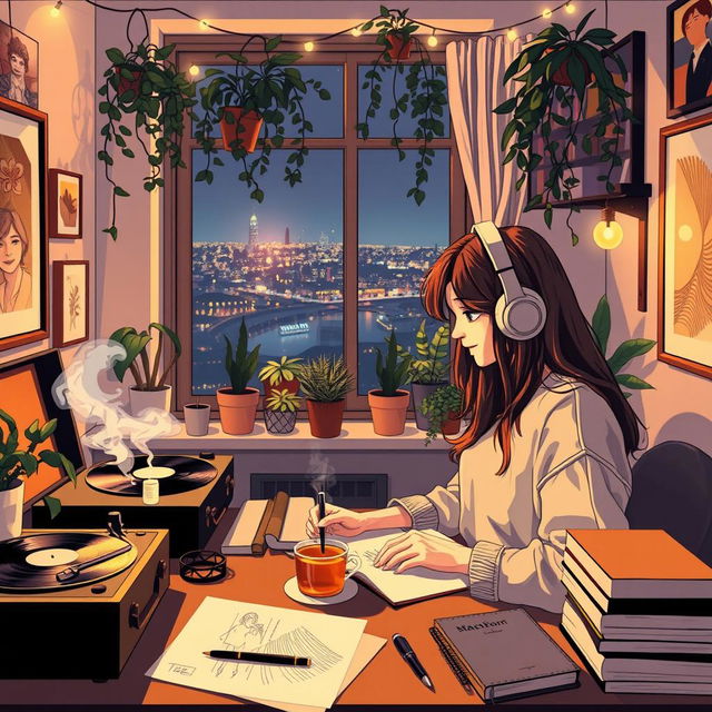 A cozy, warm lofi aesthetic scene featuring a young woman with headphones, sitting at a desk cluttered with art supplies, books, and a steaming cup of tea