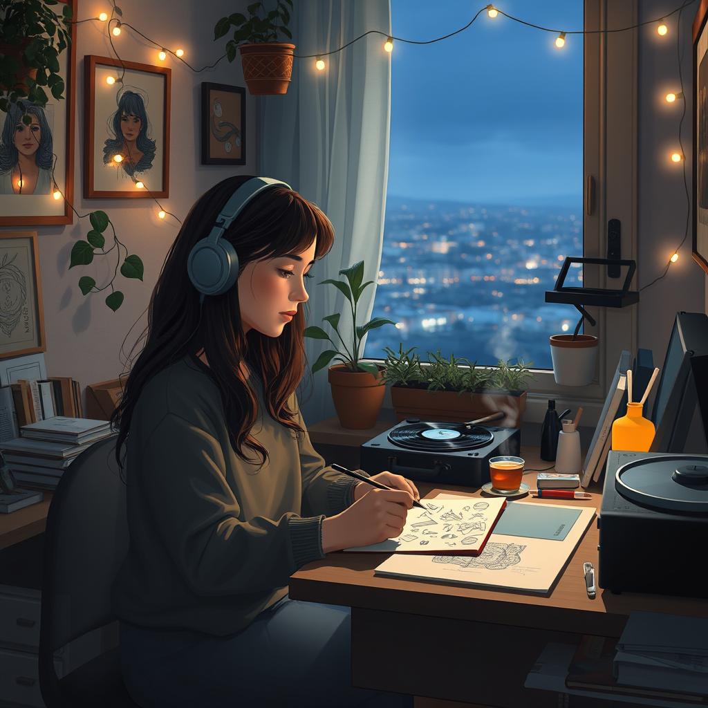 A cozy, warm lofi aesthetic scene featuring a young woman with headphones, sitting at a desk cluttered with art supplies, books, and a steaming cup of tea