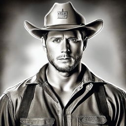 This high-quality digital art image features a man who bears a striking resemblance to actor Jensen Ackles, depicted as a Texas construction worker