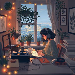 A cozy, warm lofi aesthetic scene featuring a young woman with headphones, sitting at a desk cluttered with art supplies, books, and a steaming cup of tea