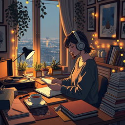 A cozy, warm lofi aesthetic scene featuring a young woman with headphones, sitting at a desk cluttered with art supplies, books, and a steaming cup of tea