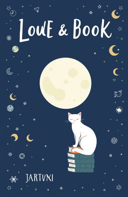 A book cover design featuring a dark blue background with a large white circle representing a full moon in the center