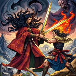 An epic scene from the Shahnameh featuring Rostam in the fourth Khan, fiercely battling a powerful witch