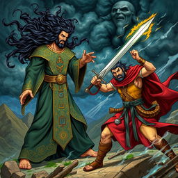 An epic scene from the Shahnameh featuring Rostam in the fourth Khan, fiercely battling a powerful witch