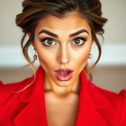 A gorgeous 25-year-old woman, facing the camera directly with a surprised expression