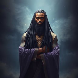 A majestic figure representing a god with long, unique locs flowing down his back, intertwined with shades of black and purple