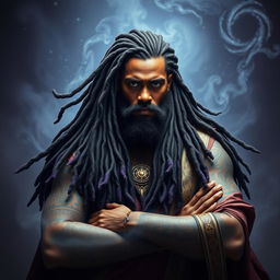 A majestic figure representing a god with long, unique locs flowing down his back, intertwined with shades of black and purple