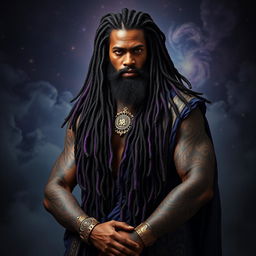 A majestic figure representing a god with long, unique locs flowing down his back, intertwined with shades of black and purple
