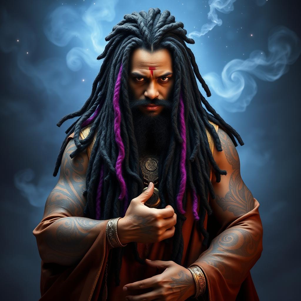 A majestic figure representing a god with long, unique locs flowing down his back, intertwined with shades of black and purple