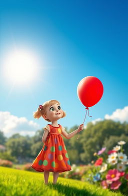 A whimsical and enchanting scene depicting a young girl named Lilly standing in a vibrant green park, her bright eyes filled with wonder as she clutches a vivid red balloon