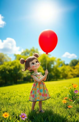 A whimsical and enchanting scene depicting a young girl named Lilly standing in a vibrant green park, her bright eyes filled with wonder as she clutches a vivid red balloon