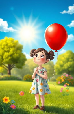 A whimsical and enchanting scene depicting a young girl named Lilly standing in a vibrant green park, her bright eyes filled with wonder as she clutches a vivid red balloon