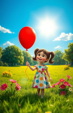A whimsical and enchanting scene depicting a young girl named Lilly standing in a vibrant green park, her bright eyes filled with wonder as she clutches a vivid red balloon