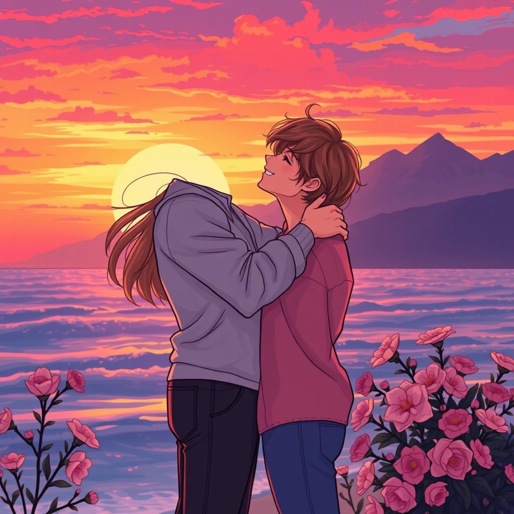 A romantic illustration of two loving figures embracing each other in a beautiful sunset