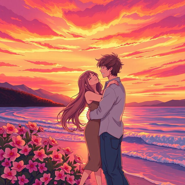 A romantic illustration of two loving figures embracing each other in a beautiful sunset