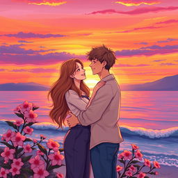 A romantic illustration of two loving figures embracing each other in a beautiful sunset