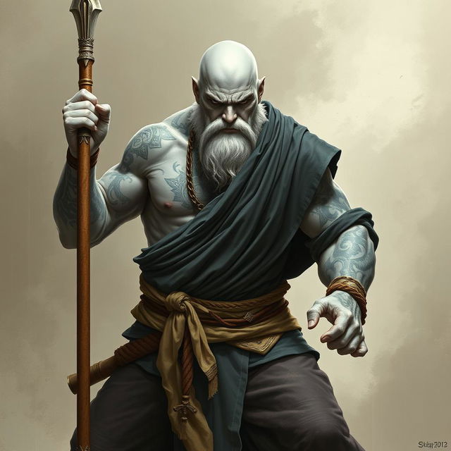 A stone goliath battle monk depicted in a powerful battle stance, showcasing his formidable presence