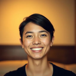 A slim individual with a close-lipped smile, presenting a cheerful and inviting expression