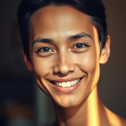 A slim individual with a close-lipped smile, presenting a cheerful and inviting expression