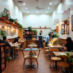 A cozy and compact cafeteria, featuring small tables and chairs arranged neatly