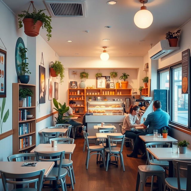 A cozy and compact cafeteria, featuring small tables and chairs arranged neatly