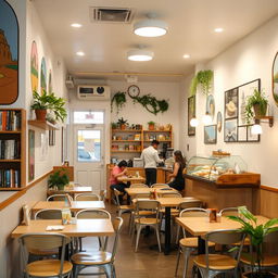 A cozy and compact cafeteria, featuring small tables and chairs arranged neatly
