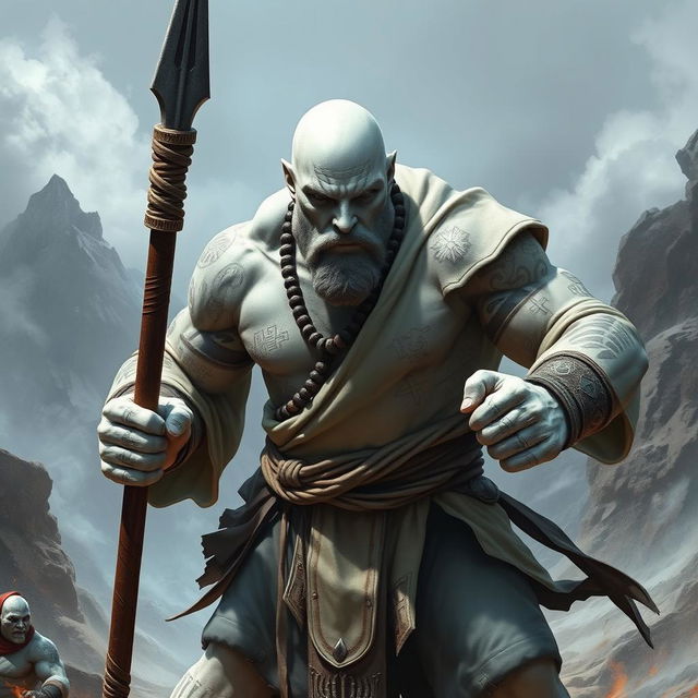 A stone goliath battle monk character in a fierce, dynamic battle stance