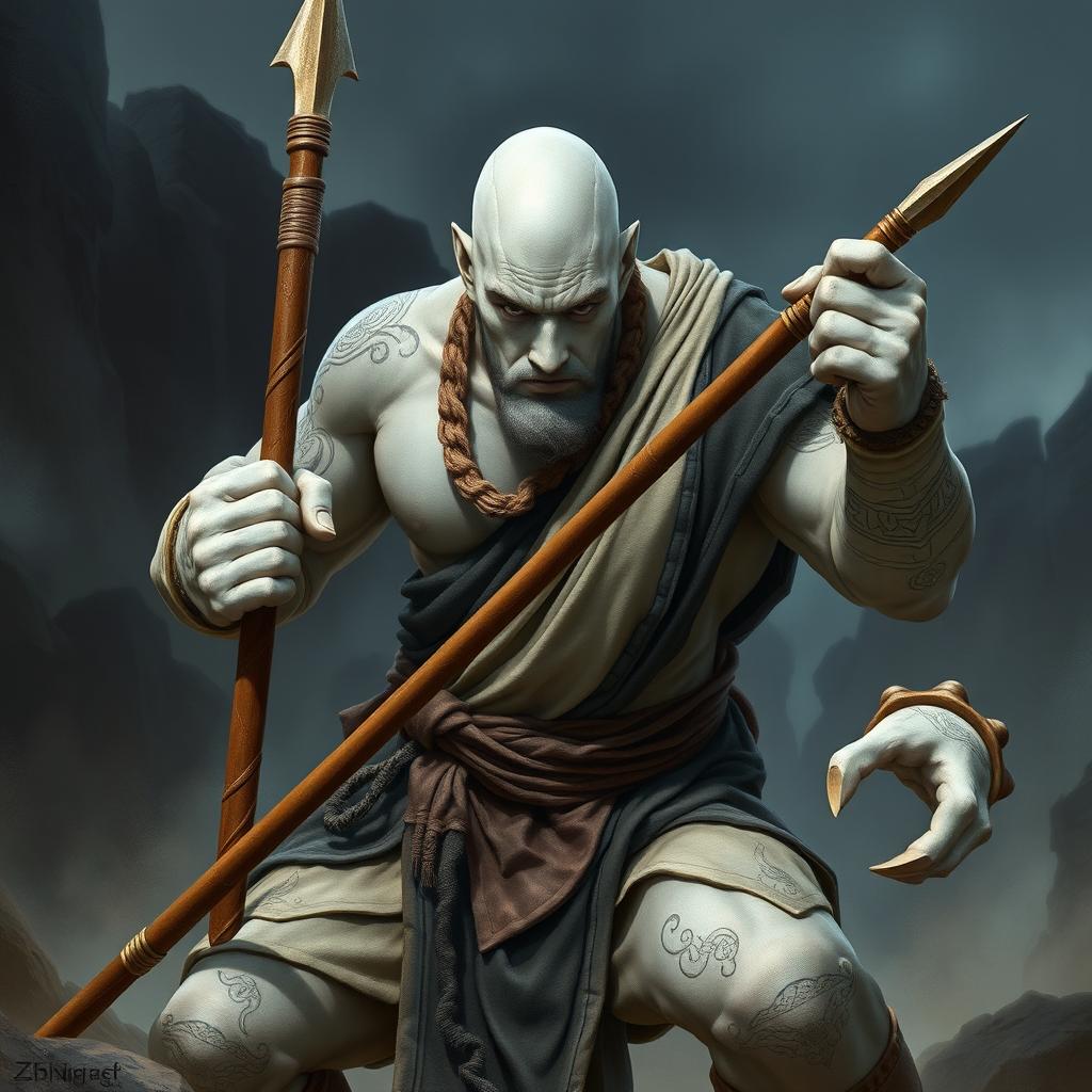 A stone goliath battle monk character in a fierce, dynamic battle stance