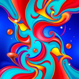 A vibrant and colorful abstract composition, featuring swirling patterns of blue, red, and yellow