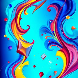 A vibrant and colorful abstract composition, featuring swirling patterns of blue, red, and yellow