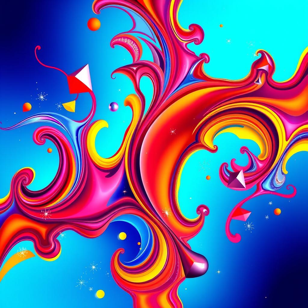 A vibrant and colorful abstract composition, featuring swirling patterns of blue, red, and yellow