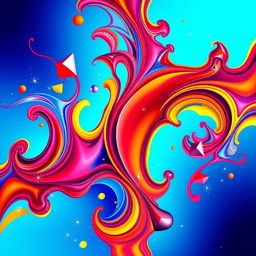 A vibrant and colorful abstract composition, featuring swirling patterns of blue, red, and yellow